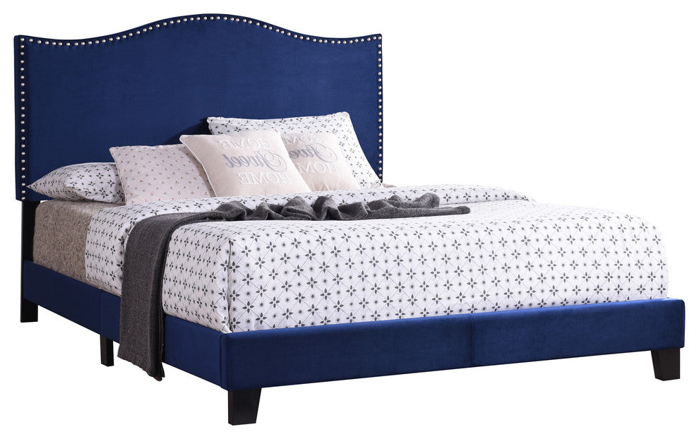 Queen Blue Velvet Nailhead Transitional Upholstered Panel Bed