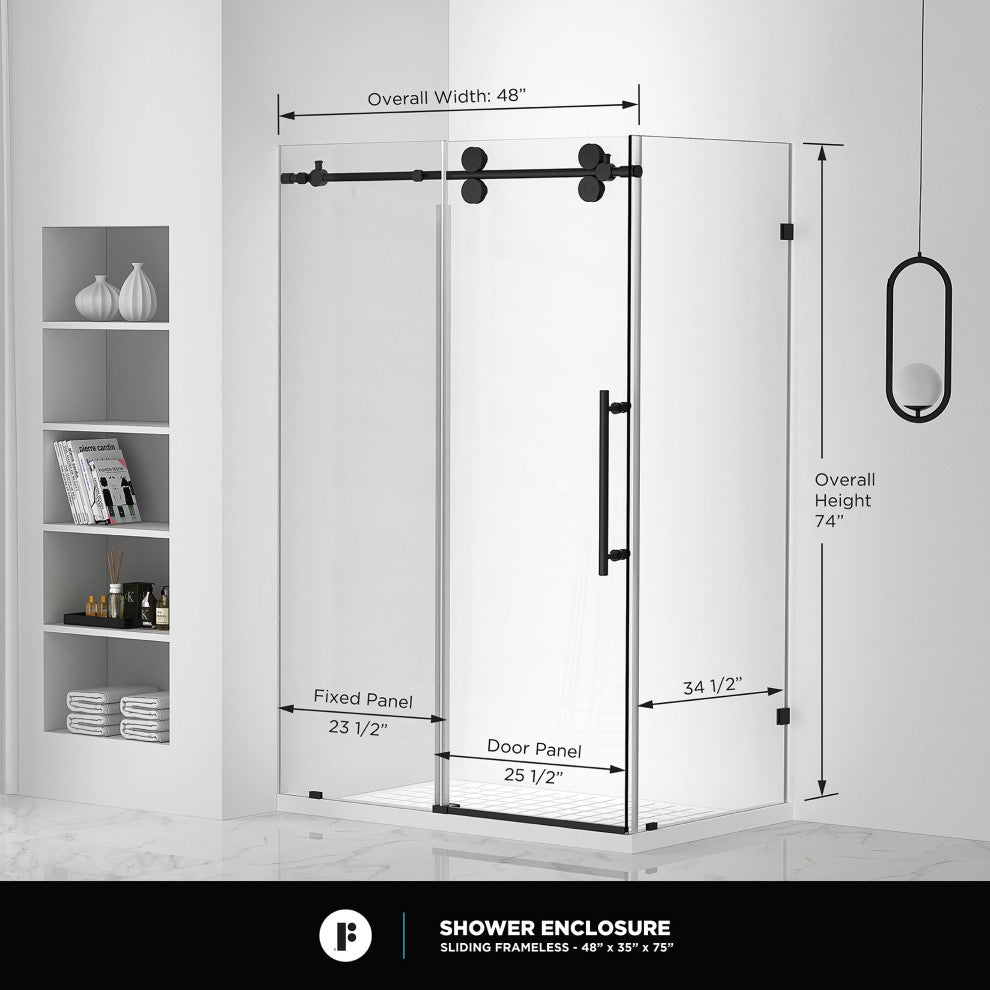 Frameless Shower Enclosure Sliding Shower Glass Door - Tempered Glass, Black, 48"