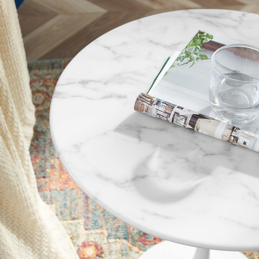 Sofa Side Table, Round, White, Artificial Marble, Metal, Modern, Hospitality
