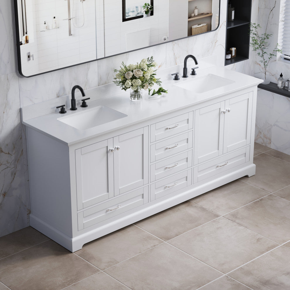 80" Freestanding Bathroom Vanity with White Cultured Marble Top in White