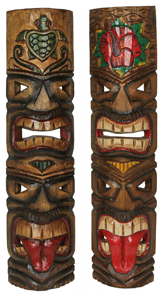 Set of 5 Double Tiki Mask Totem Wall Decor Hand Carved Tribal Sculpture 24 Inch