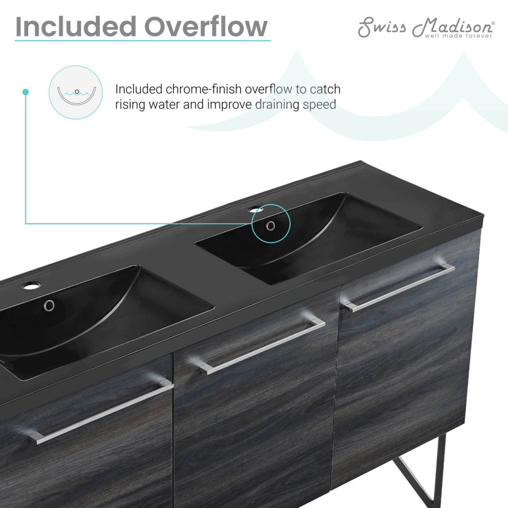 Annecy 60" Black Walnut, Double Basin Bathroom Vanity With Black Sink Top