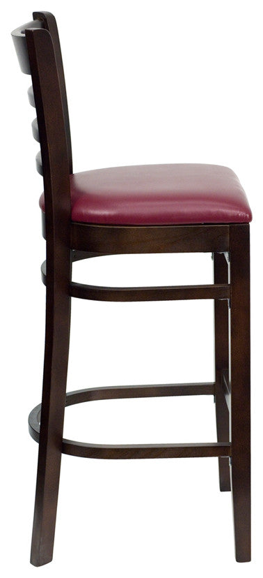 Ladder Back Walnut Wood Restaurant Barstool, Burgundy Vinyl Seat