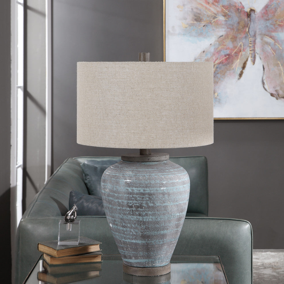 Rustic Bohemian Round Aqua Blue Gray Table Lamp, Ceramic Vintage Style Cottage