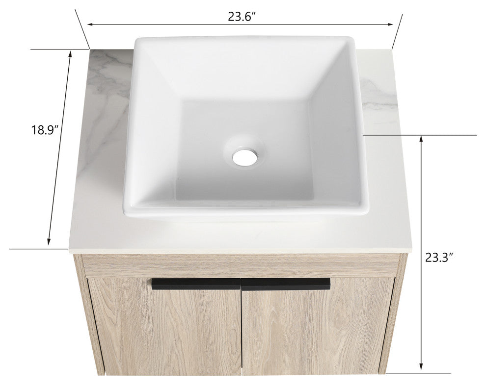 Wall-Mounted Bath Vanity, White Oak, White Ceramic Vessel Sink