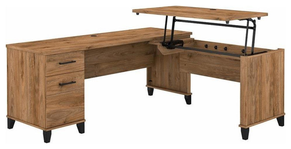 Somerset 3 Position Sit to Stand L Shaped Desk in Fresh Walnut - Engineered Wood