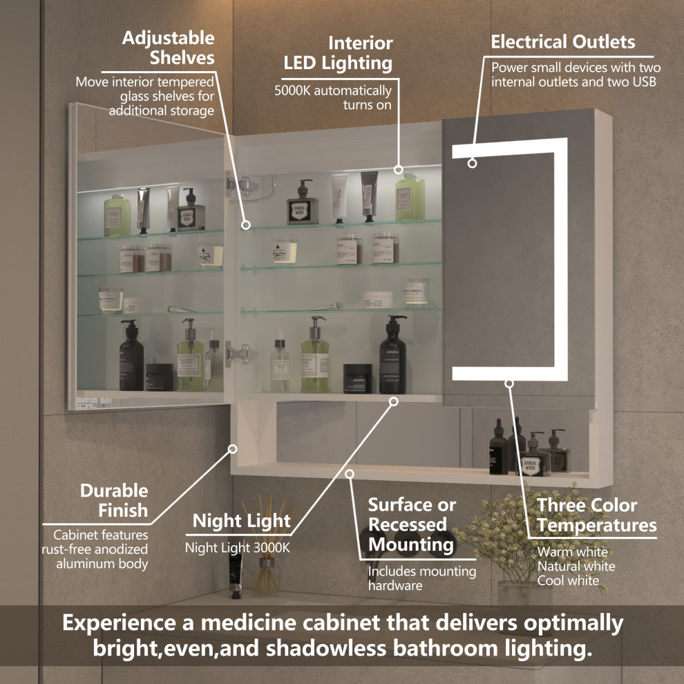 Aluminum Surface/Recessed Mount Medicine Cabinet with Mirror, Outlet and Lights, Sliver, 36" X32" in