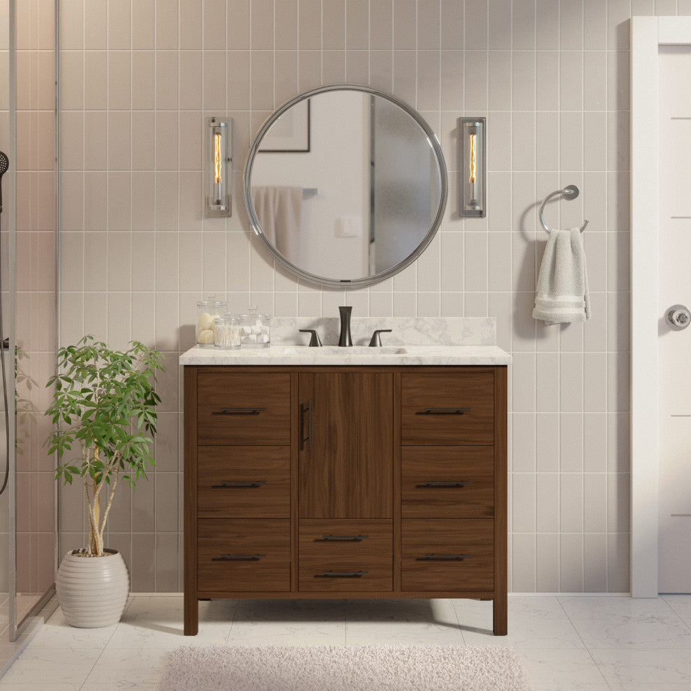 California 42" Bathroom Vanity, Walnut, Carrara Marble
