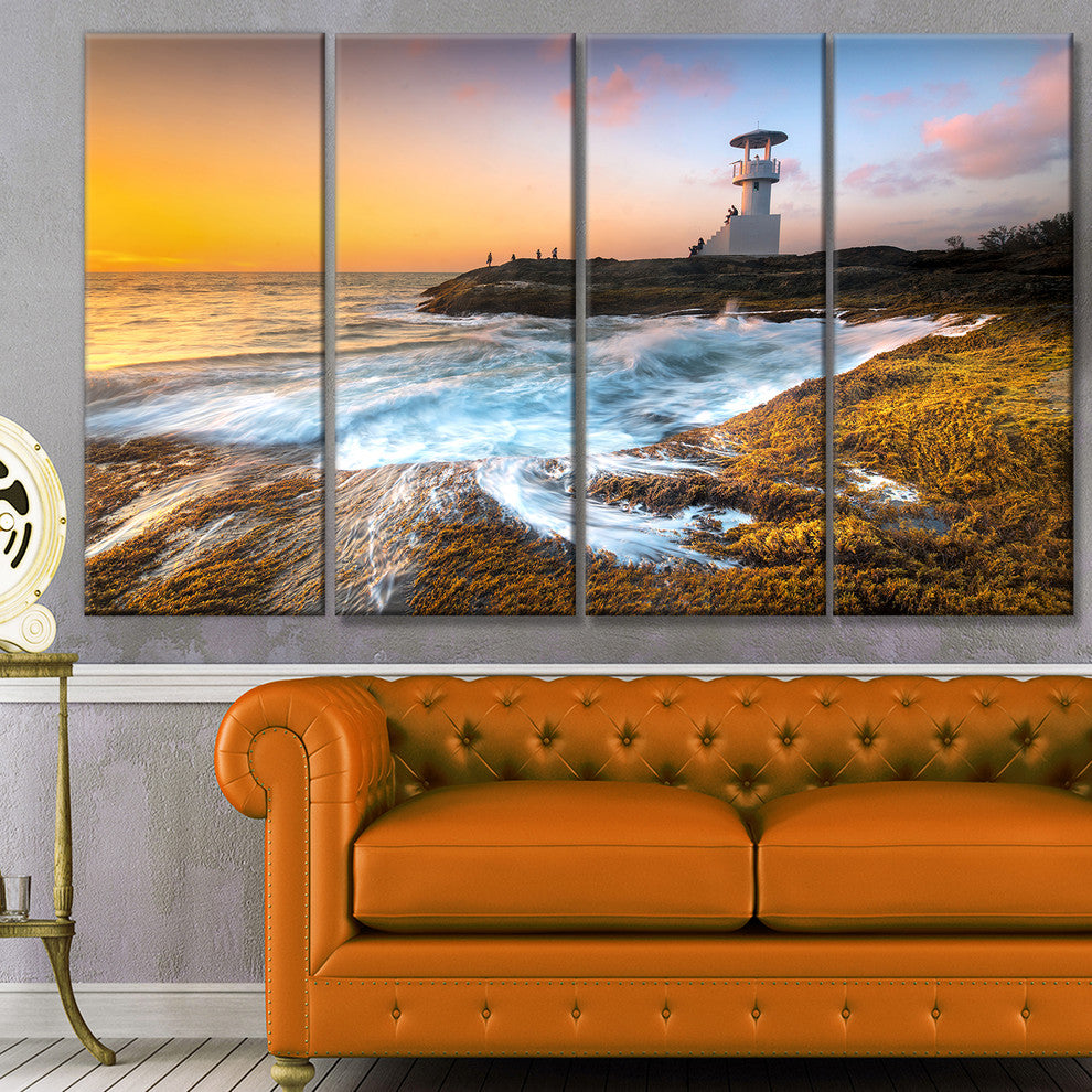 Lighthouse on Beautiful Seashore, Seashore Wall Art on Canvas, 48"x28", 4 Panels