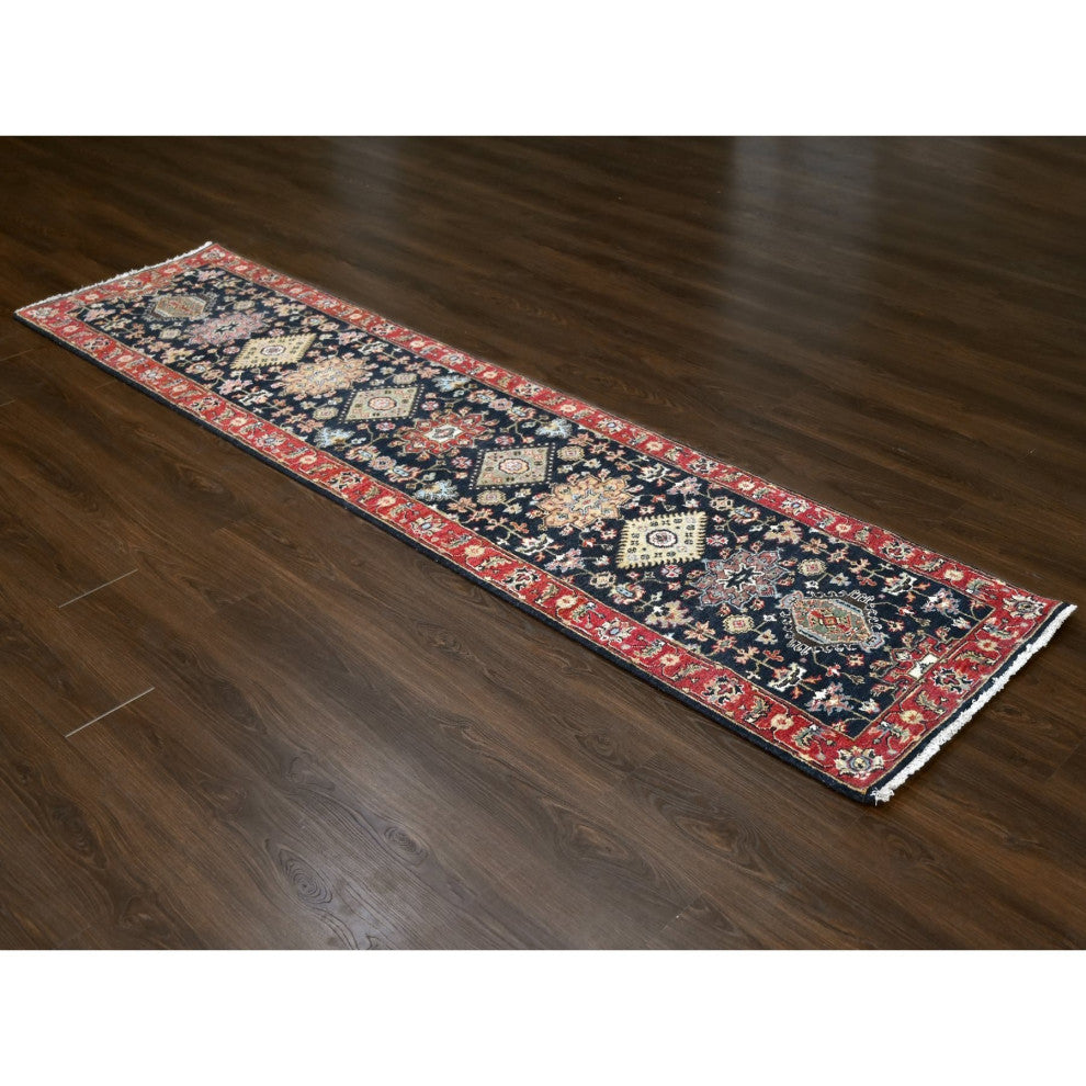 Denim Black, Organic Wool, Hand Knotted, Karajeh Design Runner Rug, 2'7"x10'1"