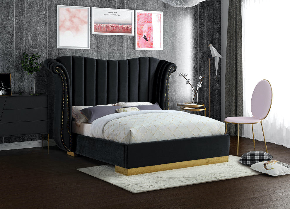 Flora Black Velvet Bed, Black, King