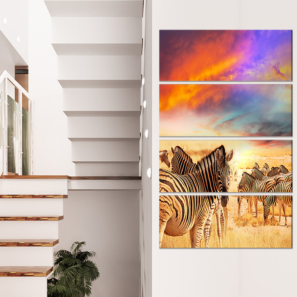 Zebra Herd under Colorful Sunset Sky, Animal Art Canvas Print, 28"x48", 4 Panels