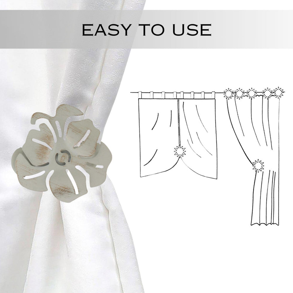 Set of 2 Metal Curtain Tiebacks "“ Elegant Poppy Flower Design Clip, Ivory