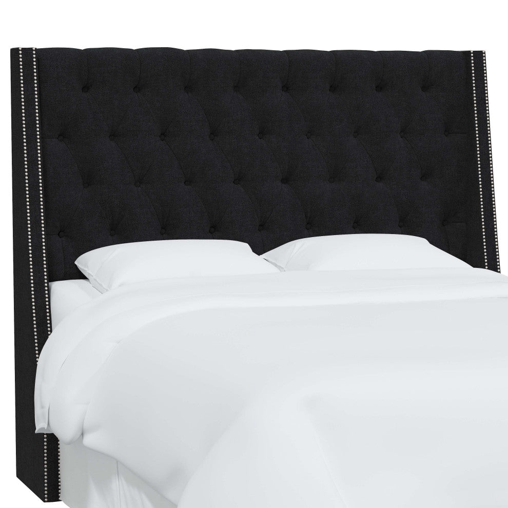 Tufted Sloped Wingback Headboard, Nail Trim, Zuma Caviar, Twin