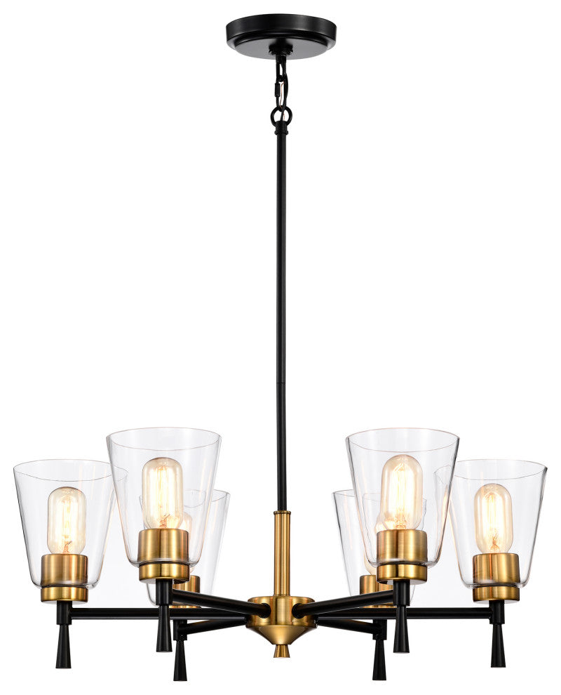 6-Light Black and Antique Brass Chandelier With Clear Cone Glass Shades