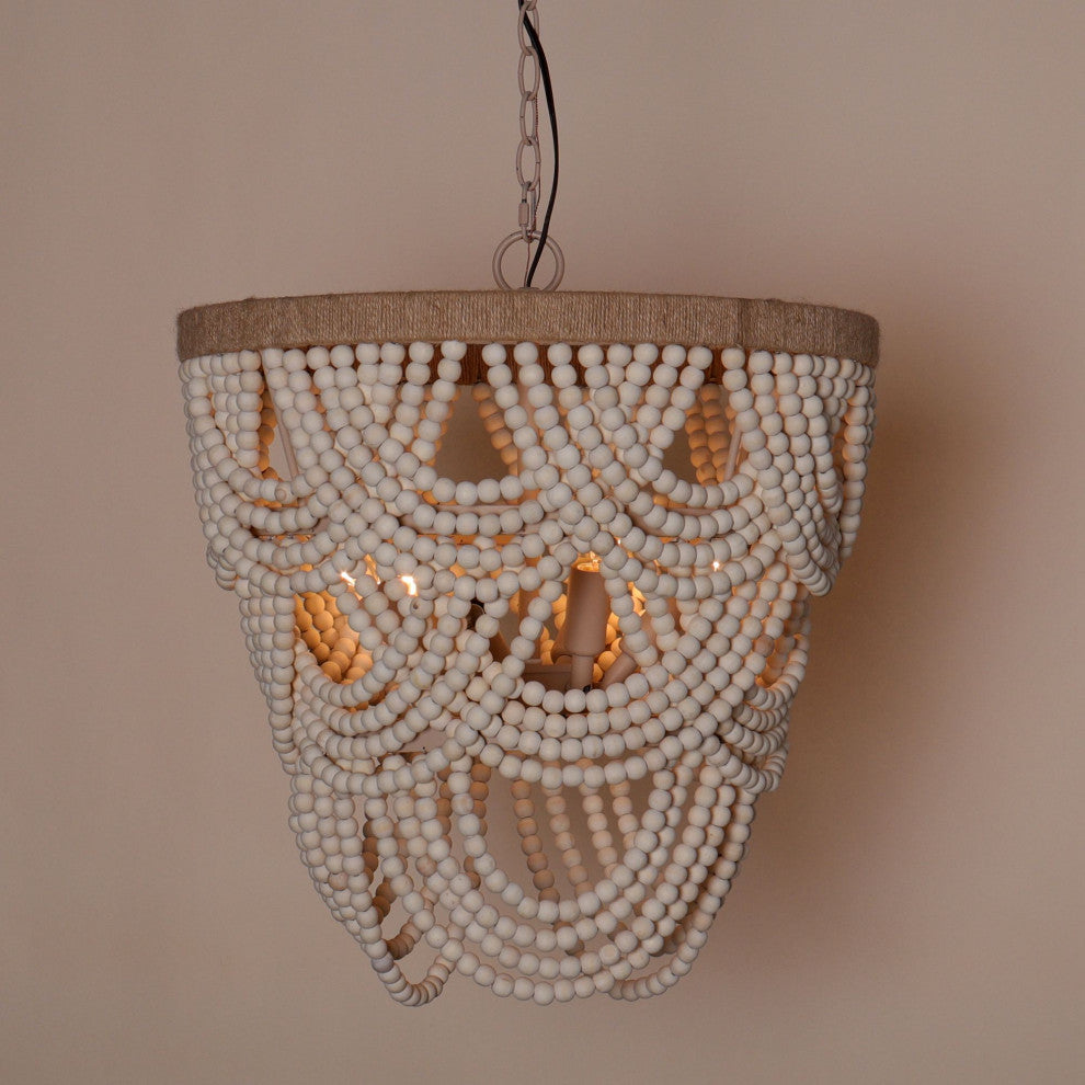 4-Light Farmhouse Wood Beaded Chandelier Candle Style