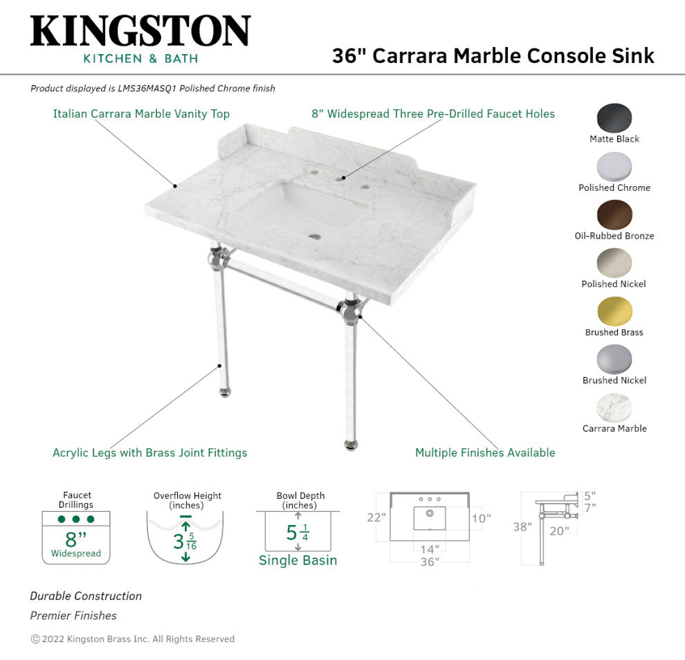 Kingston Brass LMS36MASQ0 36" Carrara Marble Console Sink, Acrylic Legs