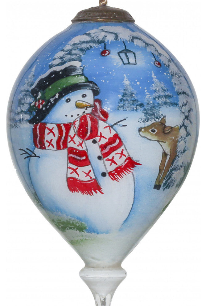 Adorable Snowman and Deer Hand Painted Mouth Blown Glass Ornament
