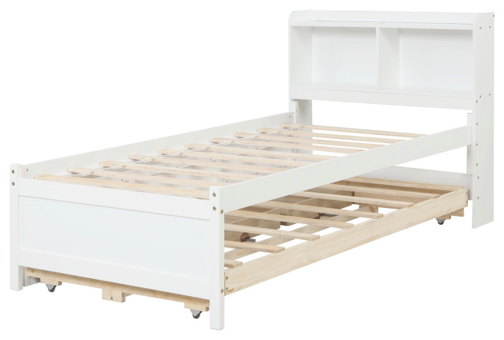Full/Twin Wood Frame Platform Bed with Trundle and Drawers, White, Twin