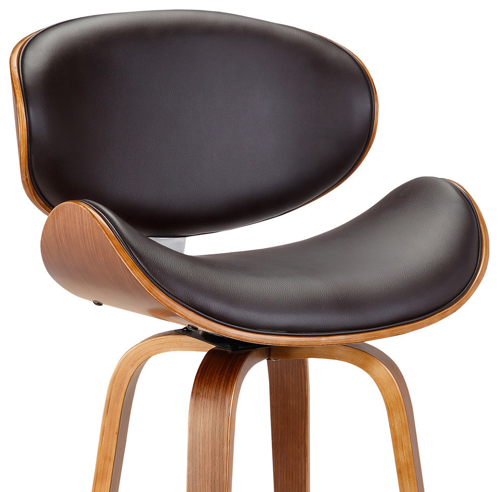 Benton 26" Mid-Century Swivel Counter Stool, Brown Faux Leather, Wooden Legs