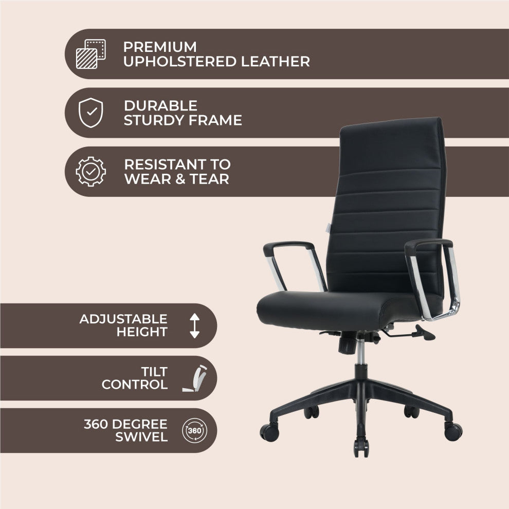 LeisureMod Hilton Modern High Back Leather Conference Office Chair, Black