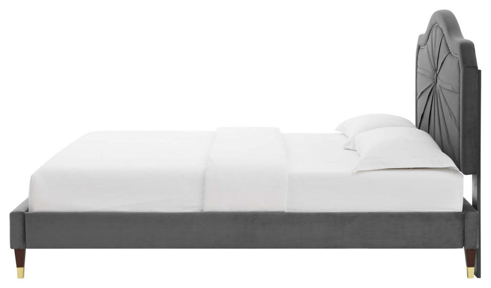 Platform Bed Frame, Queen Size, Velvet, Dark Gray, Modern Contemporary