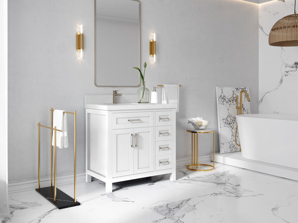 Cambridge 36 Left Offset Bath Vanity in White 2" Calacatta Laza