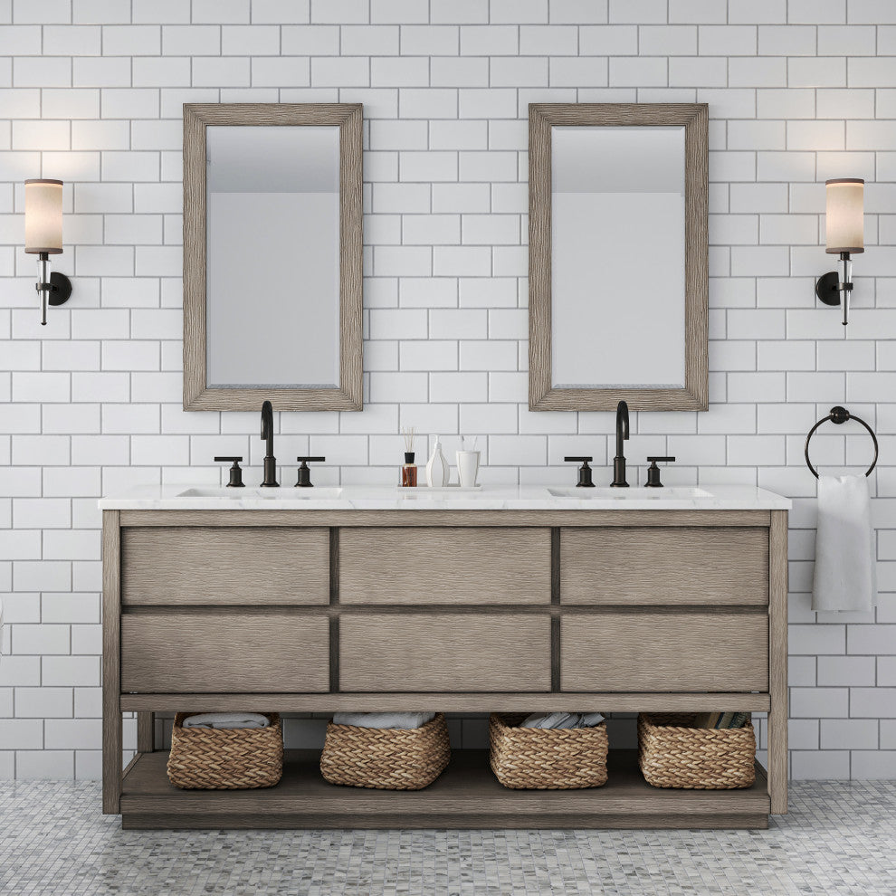 Oakman Marble Top Vanity in Grey Oak, 72", Vanity With Mirror