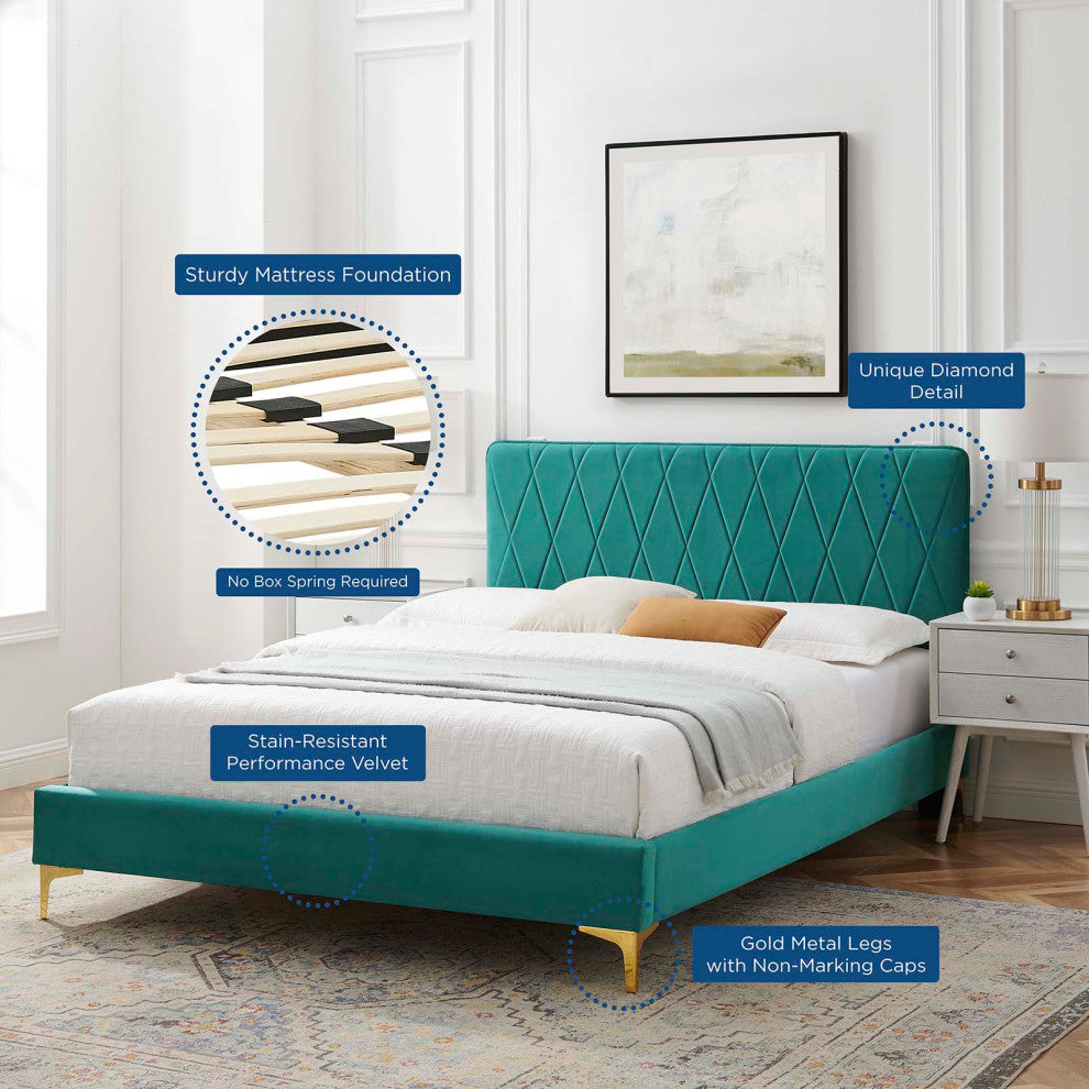 Platform Bed Frame, King Size, Velvet, Teal Blue, Modern Contemporary, Bedroom