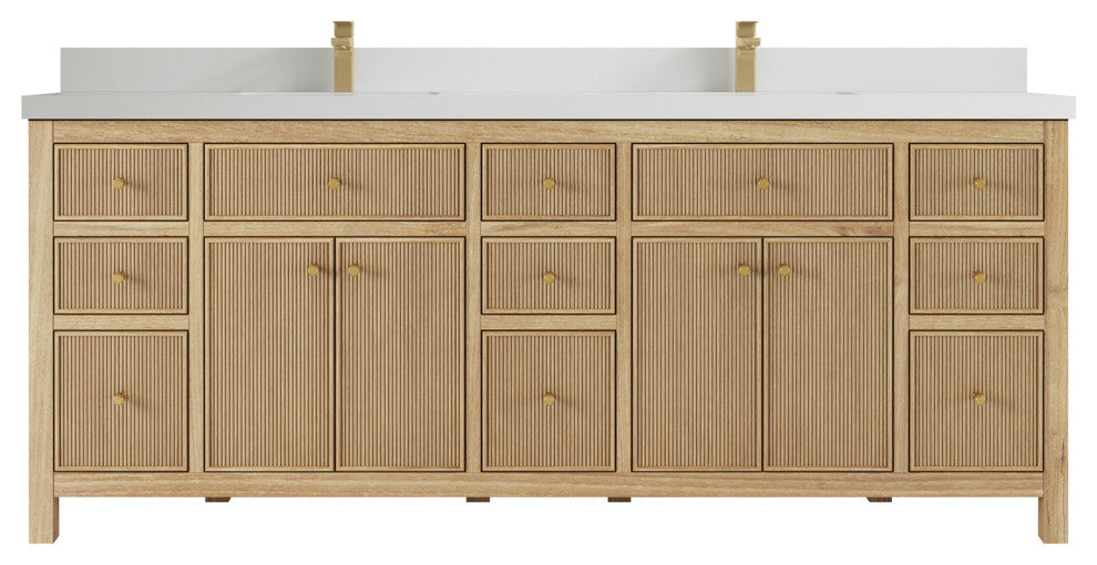 Sonoma 84 Double Sink Bath Vanity in Light Natural Teak with 2" White Quartz