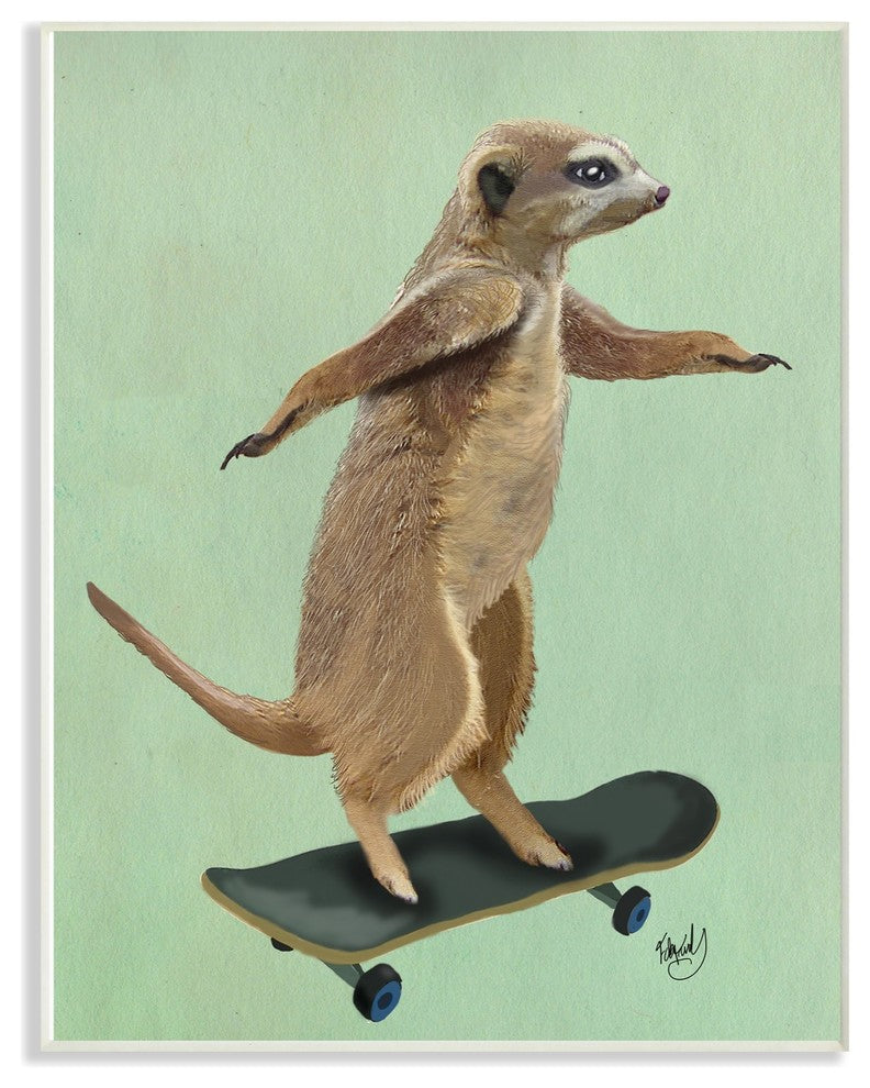 Meerkat On Skateboard Illustration Oversized Wall Plaque Art, 13"x19"
