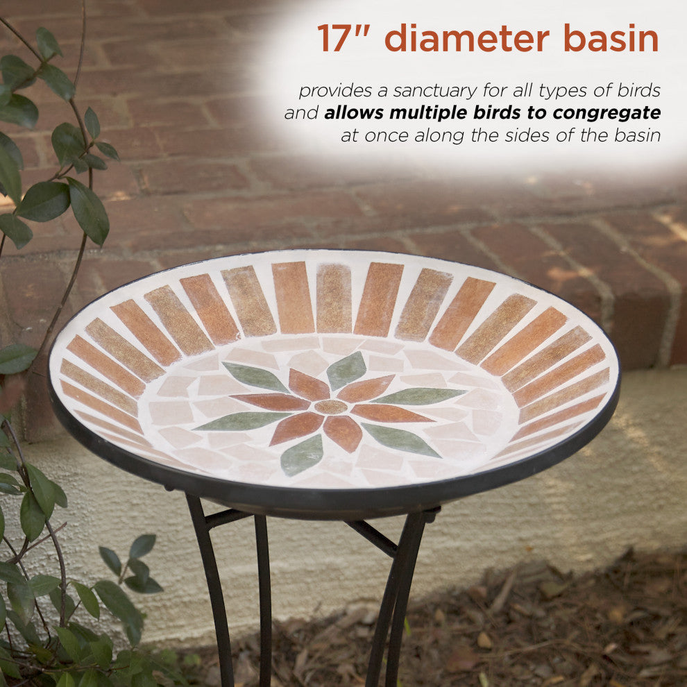 25"H Outdoor Decorative Mosaic Birdbath with Metal Stand, Tan/Beige