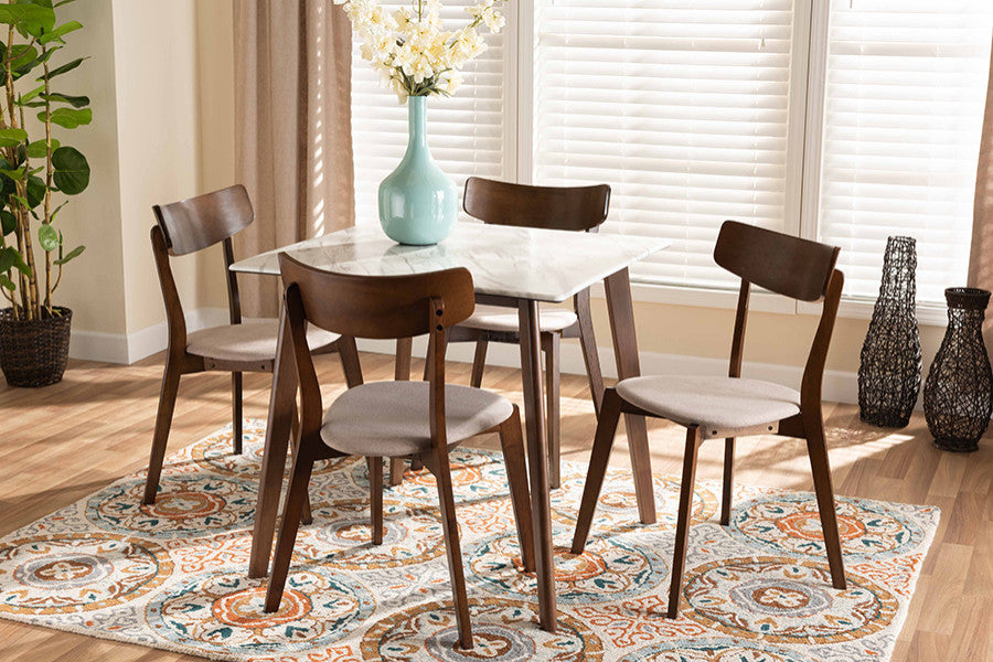 Loolas Mid-Century 5-Piece Dining Set With Faux Marble Table, Light Beige/Walnut