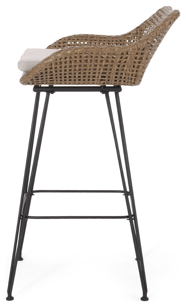 Pondway Outdoor Wicker/Iron Barstools, Set of 4, Beige/Light Brown/Black