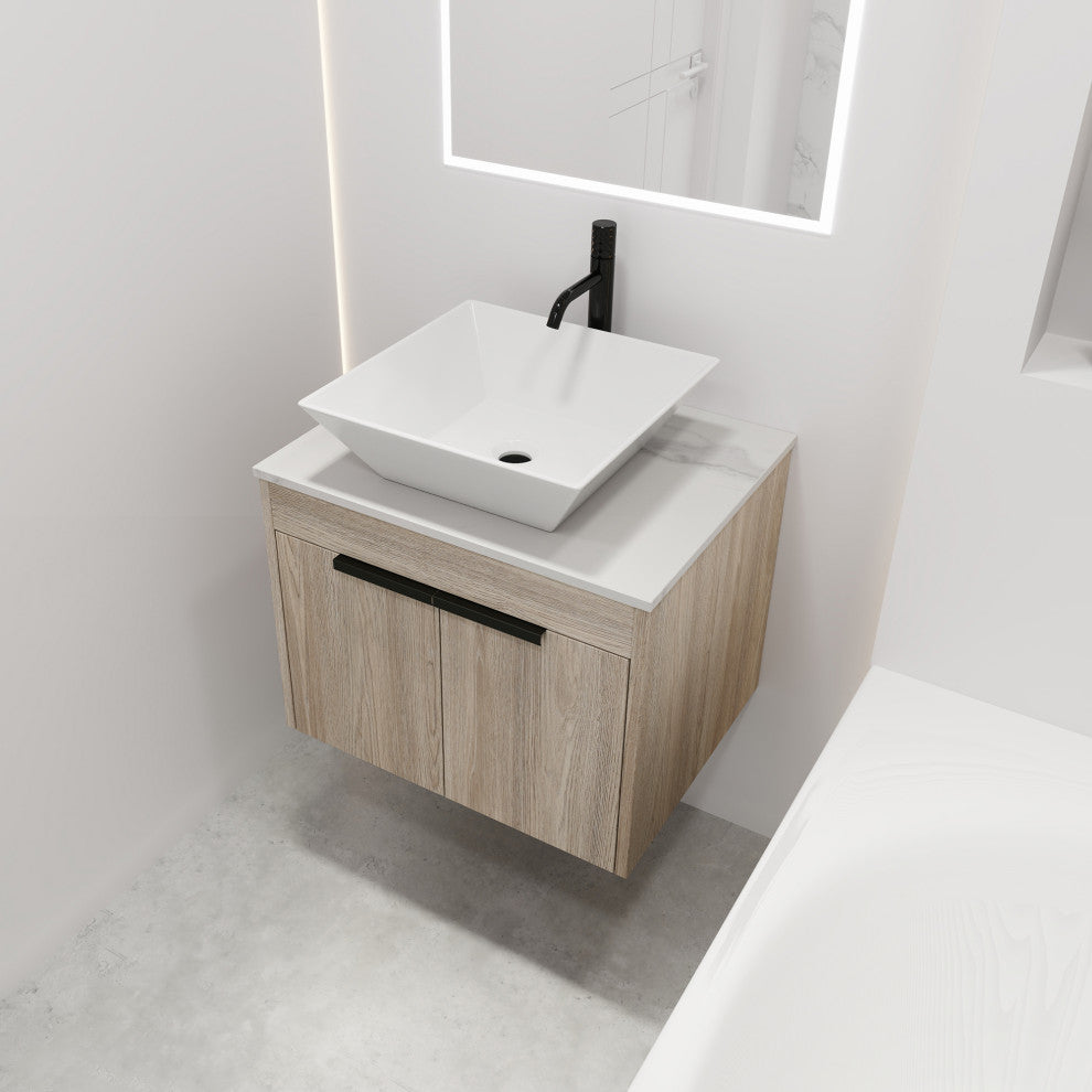 Wall-Mounted Bath Vanity, White Oak, White Ceramic Vessel Sink