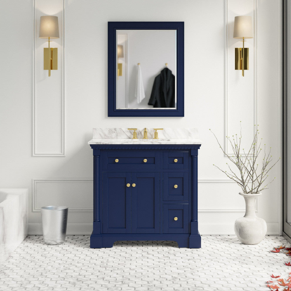 Sydney 36" Bathroom Vanity, Royal Blue, Carrara Marble