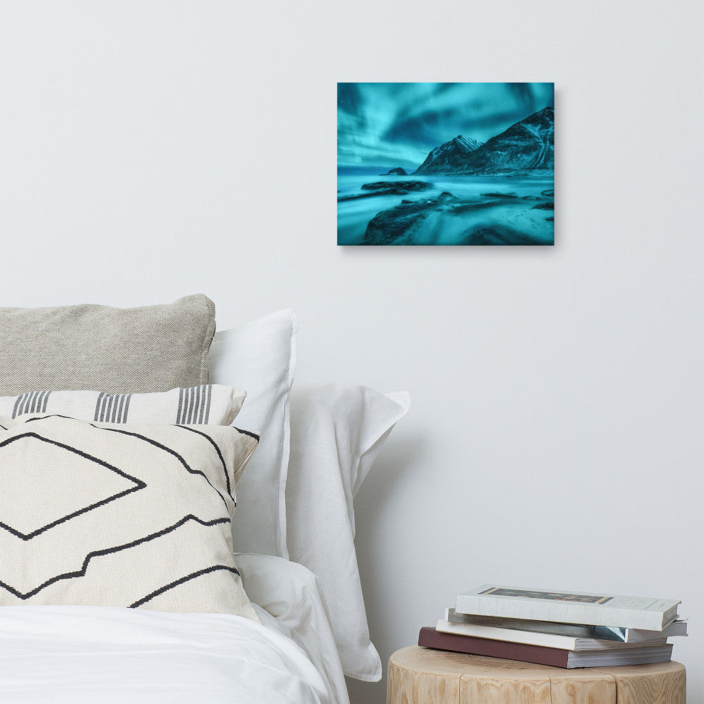 Blue Northern Lights and Mountain Coast Landscape Photo Canvas Wall Art Prints, 12" X 16"