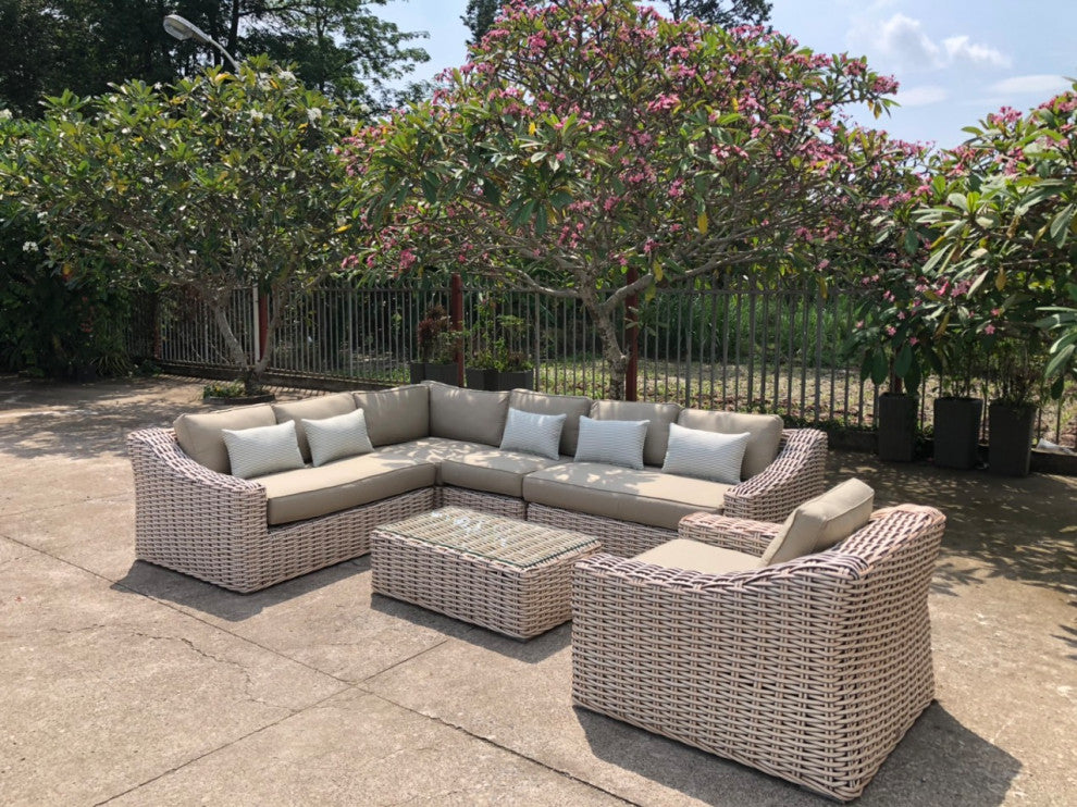 Alejandra 6-Piece Outdoor Wicker Furniture Set With Coffee Table, White and Gray