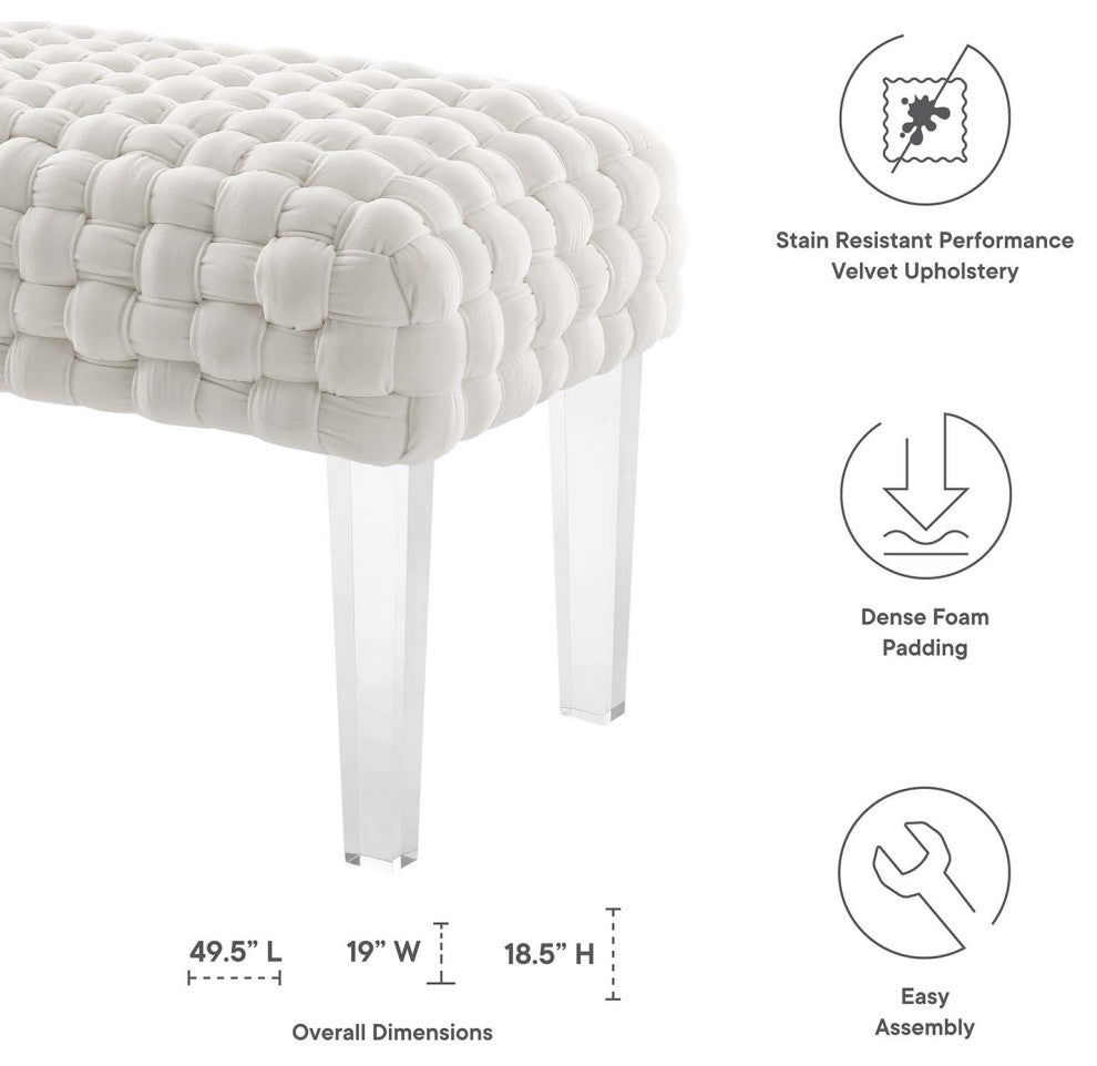 Ottoman Bench, White, Velvet, Modern, Mid Century Hotel Lounge Cafe
