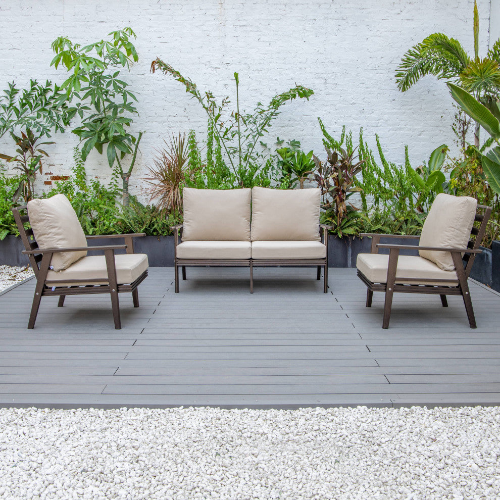 LeisureMod Walbrooke 3-Piece Patio Set With Brown Aluminum Frame and Cushions