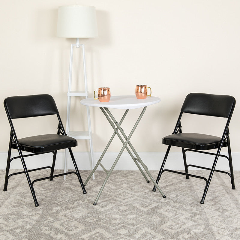 2 Pack HERCULES Curved Triple Braced & Double Hinged Folding Chairs, Black Vinyl/Black Frame