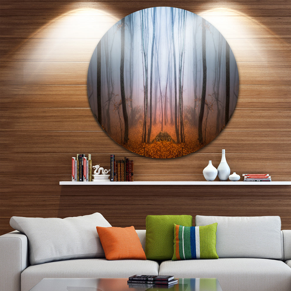 Dense Foggy Autumn Forest, Landscape Photo Disc Metal Wall Art, 23"