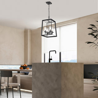 4-Light Antique Black Geometric Cage Lantern Pendant With Clear Glass Shades