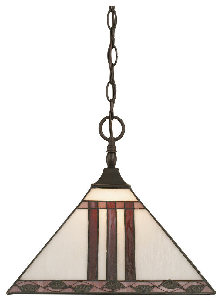 Chain Hung Pendant In Dark Granite, 14" Purple and Metal Leaf Tiffany Glass