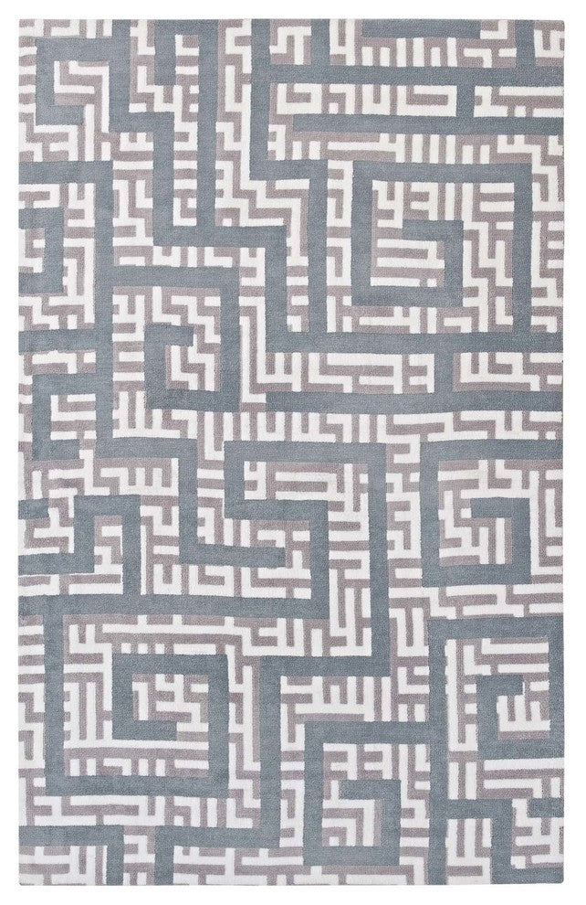 Ivory, Light Gray and Sky Blue Nahia Geometric Maze 8x10 Area Rug