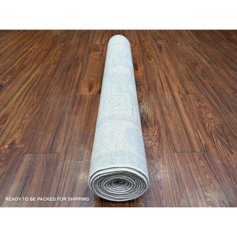 Gray White Wash Peshawar Wool Hand Knotted Runner Oriental Rug, 4'x12'2"