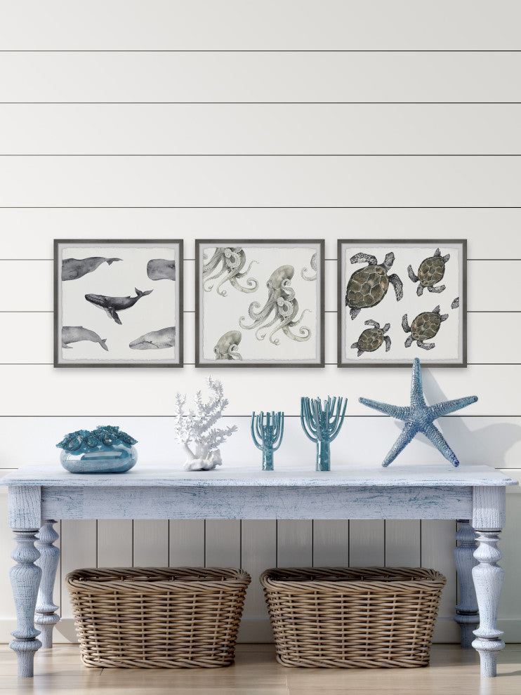 Whales and Octopus Triptych, 3-Piece Set, 32x32 Panels