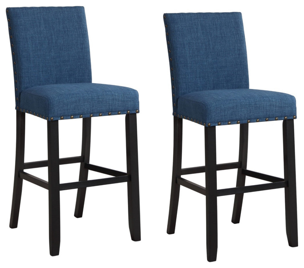 Bar Chair with Fabric Seat and Nailhead Trim, Set of 2, Blue