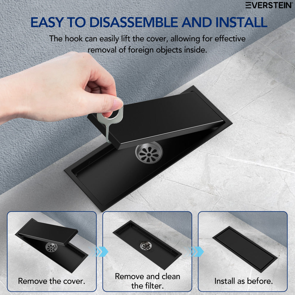 Linear Shower Drain with Hair Strainer and Reversible Tile Insert Cover, Matte Black