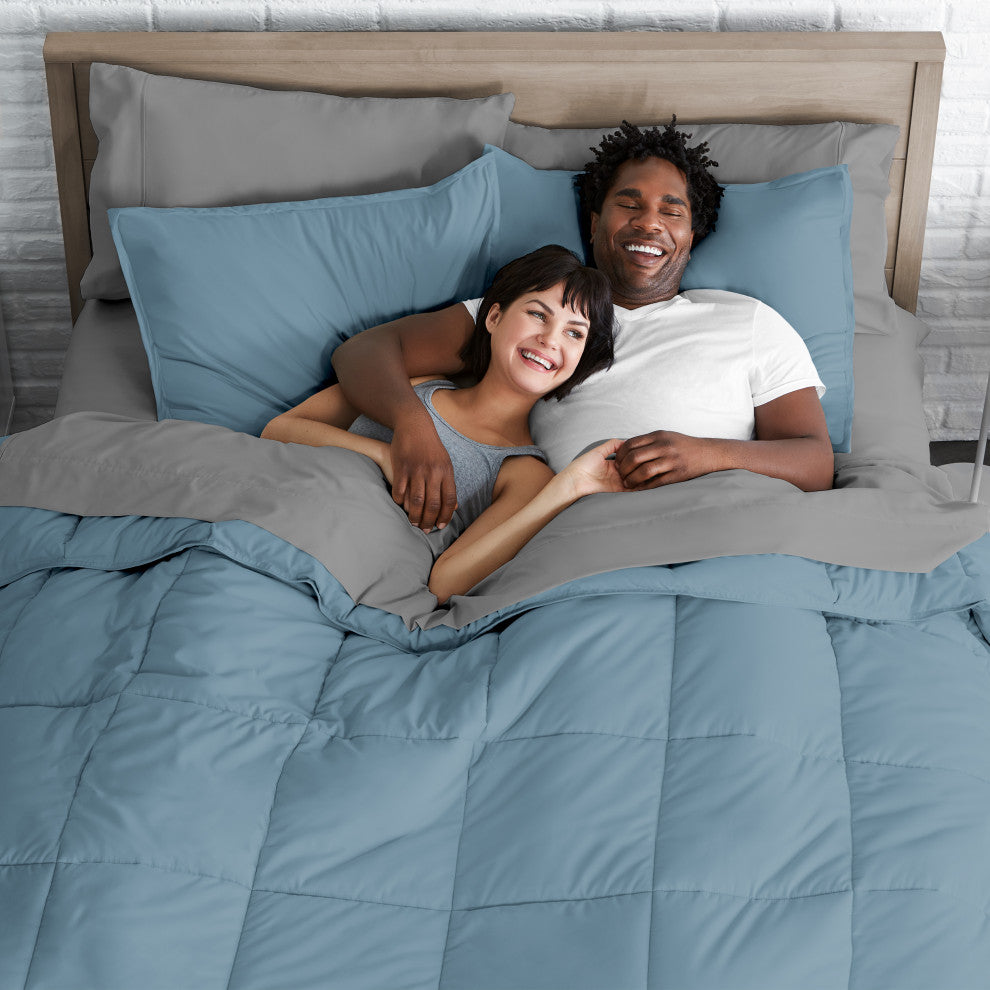 Bare Home 7-Piece Queen, King & Cal King Bed-in-a-Bag, Coronet Blue, Light Gray,